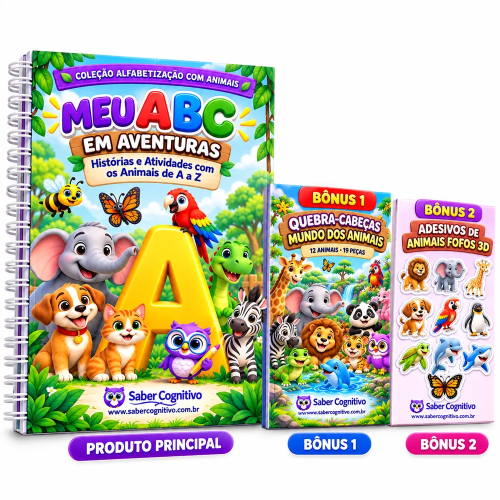 Meu ABC em Aventuras com os dois bônus: quebra-cabeças e adesivos